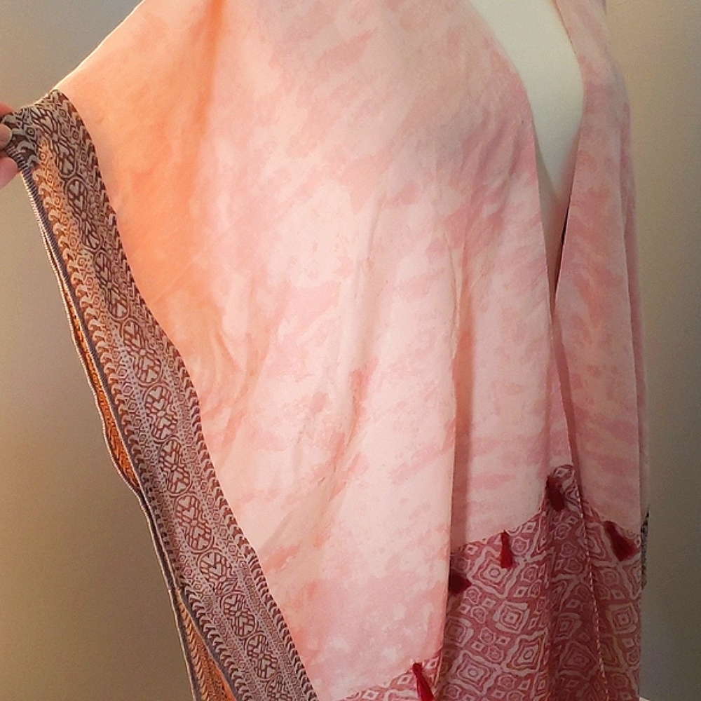 LONG BOHO DUSTER KIMONO SWIM COVER UP PINK RED BROWN PEACH AZTEC TASSLES… - Picture 2 of 7